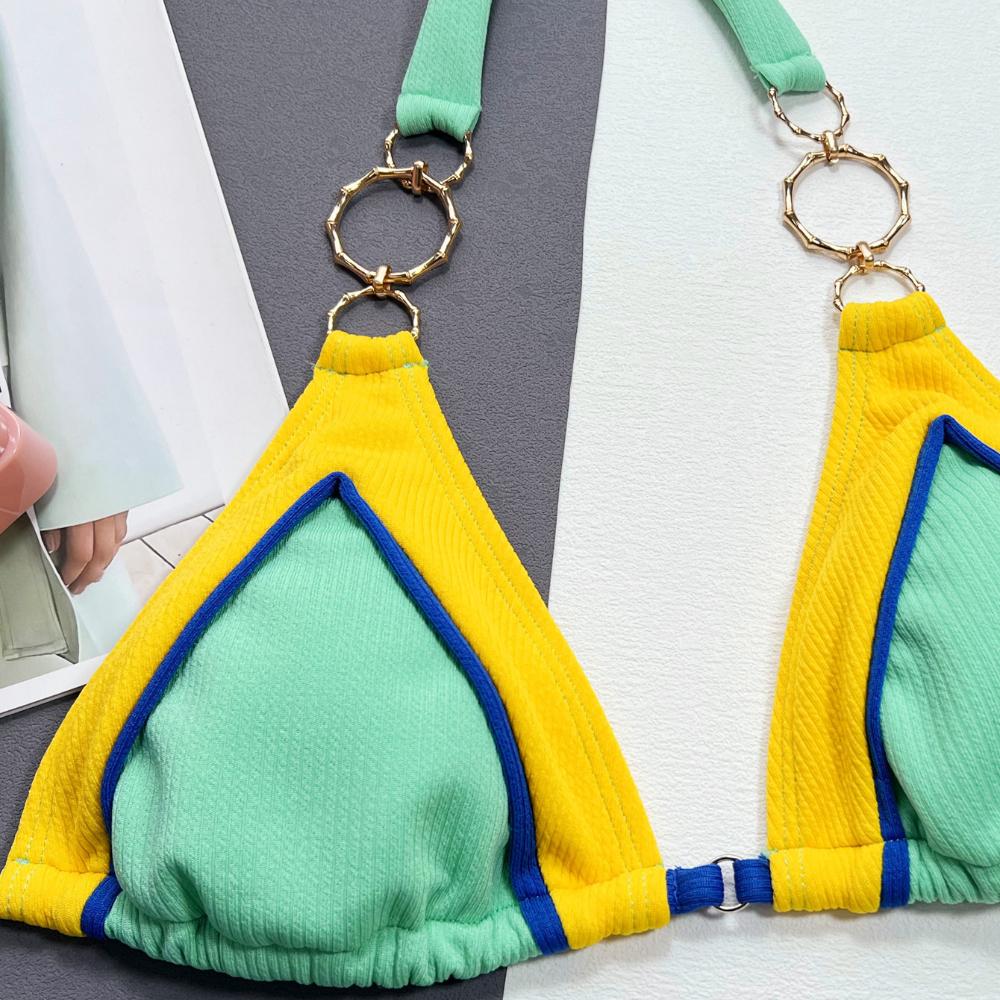 Women's Color Matching Bikini Pure Color Sexy Halter Neck Split Swimsuit Beach Clothing