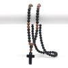 Natural Stone 8mm Obsidien and Wood Round Beads Men's Necklace with Cross Pendant Handmade Jewelry N032