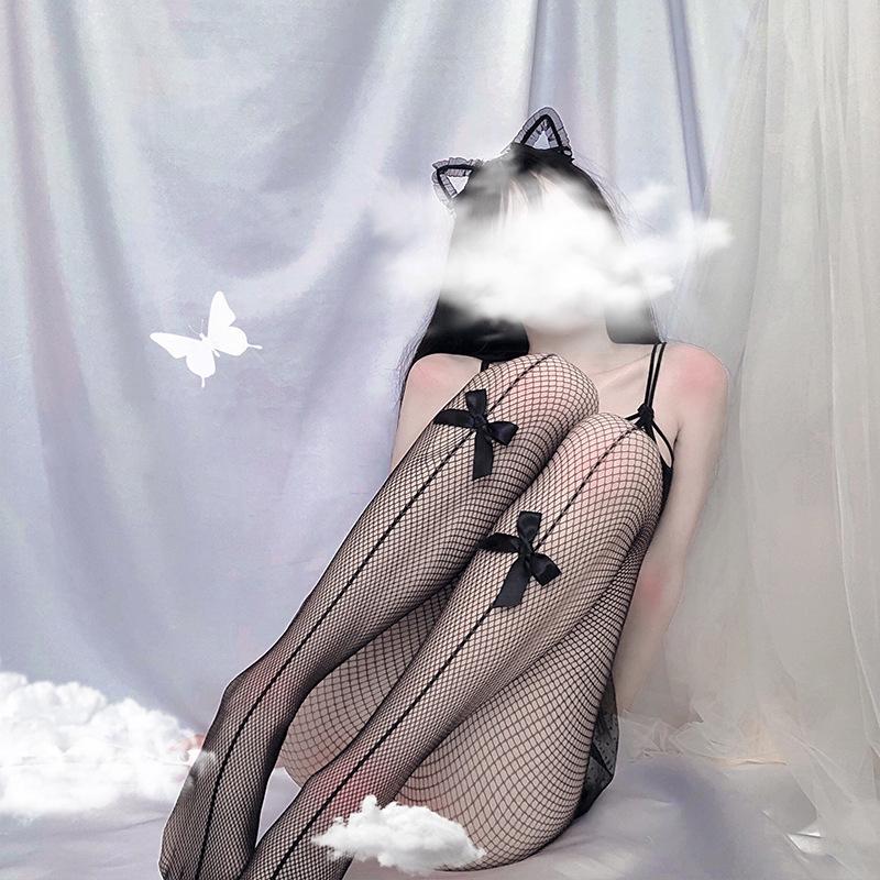 Japanese Fun Fishnet Socks Long Tube Over Knee Bow Bottom Pantyhose Sexy Vertical Line Women's Black Thin Summer