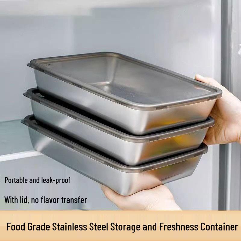 Stainless Steel Rectangular Food Storage Container with Lid for Fresh-Keeping, Hot Pot, and Picnic.