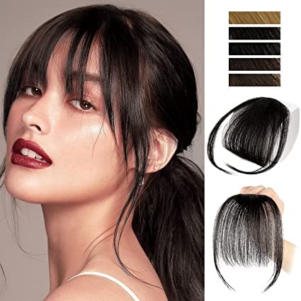 AL ZAHRA Clip in Bangs for Women - 100% Human Hair Extensions Wispy Fringe with Temples Hairpieces, Air and Flat Bangs, Clip Curved (Black Brown)