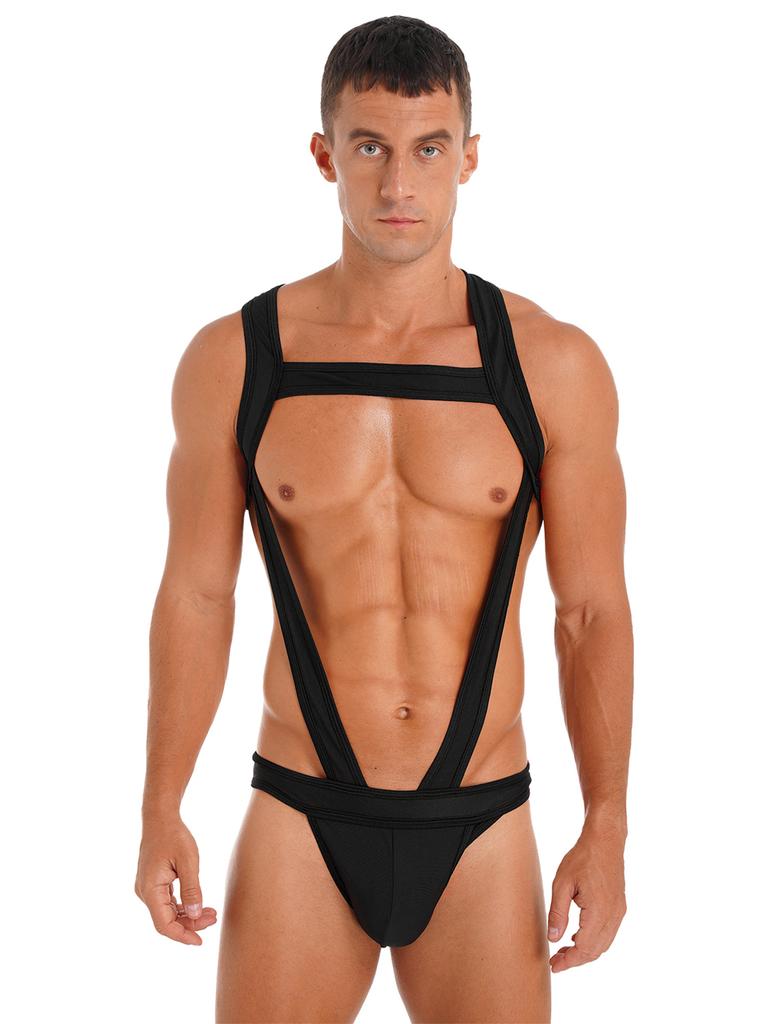 Mens Contrast Trim Chest Harness Jumpsuit Bulge Pouch Design One-Piece Bodysuit Jockstrap Underwear for Cosplay