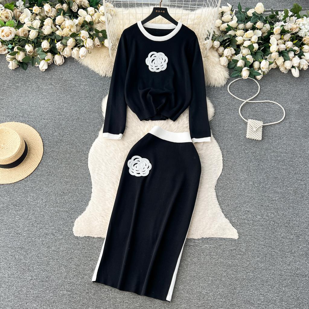 Осенний женский брендовый дизайнерский вязаный свитер с бисером, комплект из двух предметов, пуловер с длинными рукавами, топ и тонкая облегающая юбка-футляр, наряды