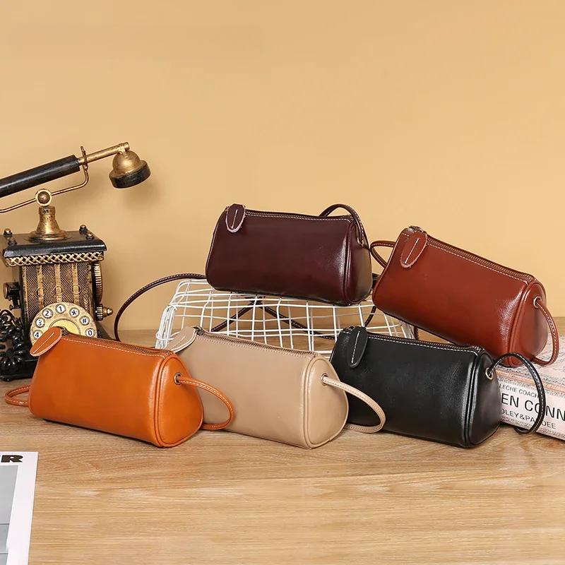 Popular Genuine Cowhide Cylinder Bags Retro Fashion Messenger Bag Women Designer Shoulder Bag