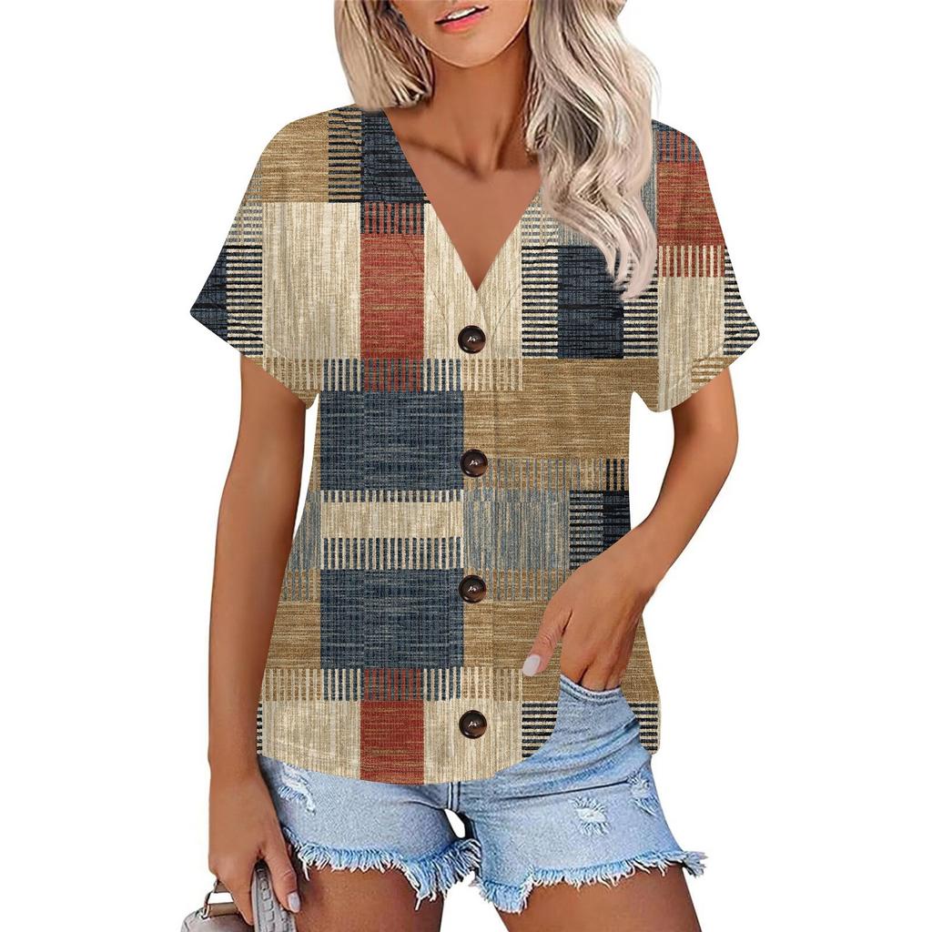 Женская модная футболка с короткими рукавами и V-образным вырезом, цветным принтом в стиле пэчворк, на пуговицах