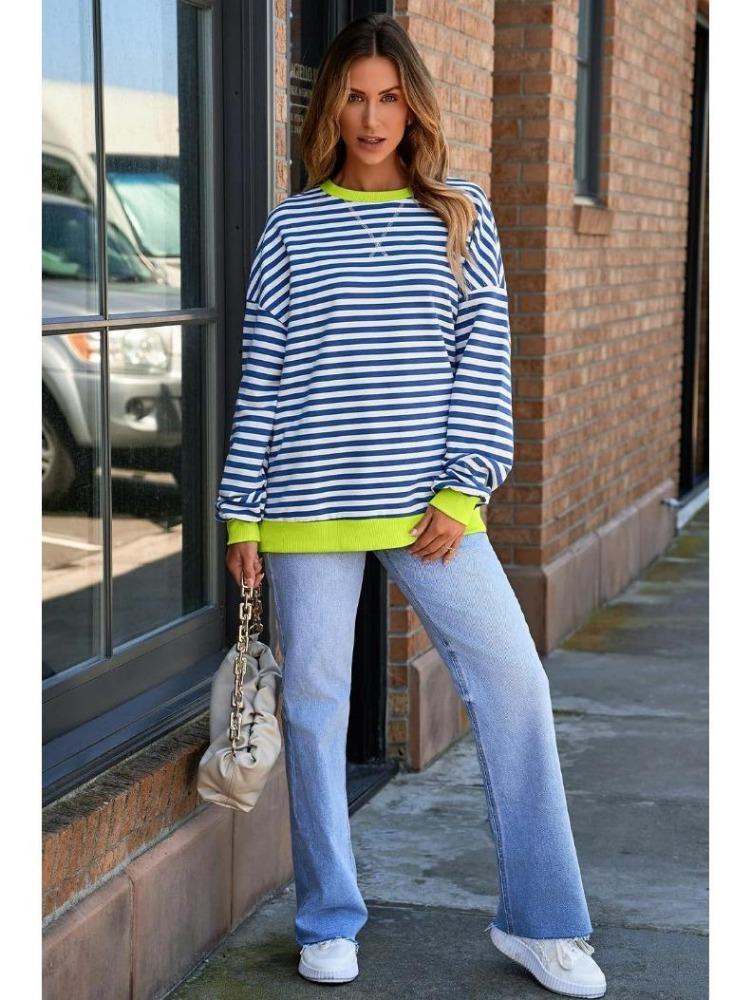 Женский повседневный оверсайз свитшот в полоску, пуловер свободного кроя, футболка с длинным рукавом и круглым вырезом, удобный свитер-рубашка