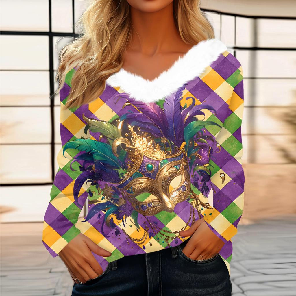 Женский свободный повседневный топ с длинными рукавами и принтом из плюша с V-образным вырезом, топ с длинными рукавами