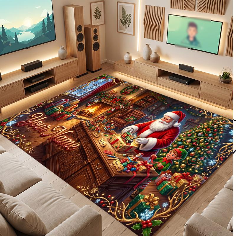 Christmas Theme Soft Crystal Velvet Rug Custom Name & Text Print Non Slip Floor Rug for Bedroom Living Room