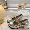 Silver Fairy Style Thick Heel French Mary Jane Shoes 2025 New Summer Light Mouth with Skirt Round Head Small Leather Shoes