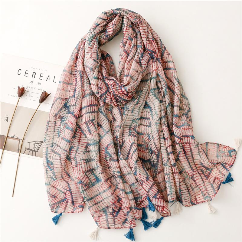 Spain Lovely Polka Floral Line Tassel Viscose Shawl Scarf Lady High Quality Wrap Thin Pashmina Stole Muslim Hijab 180*90Cm
