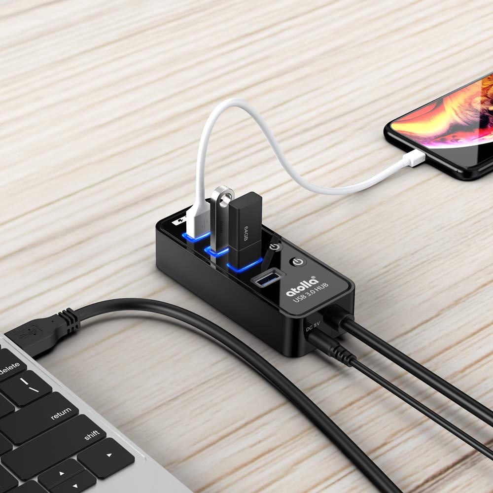 USB Hub with Power Atolla USB Expansion 1 Charging Port USB Hub with Independent Switch and AC Adapter 3.0 Supply, 4-Port High-Speed 3.0 + 5V/3A