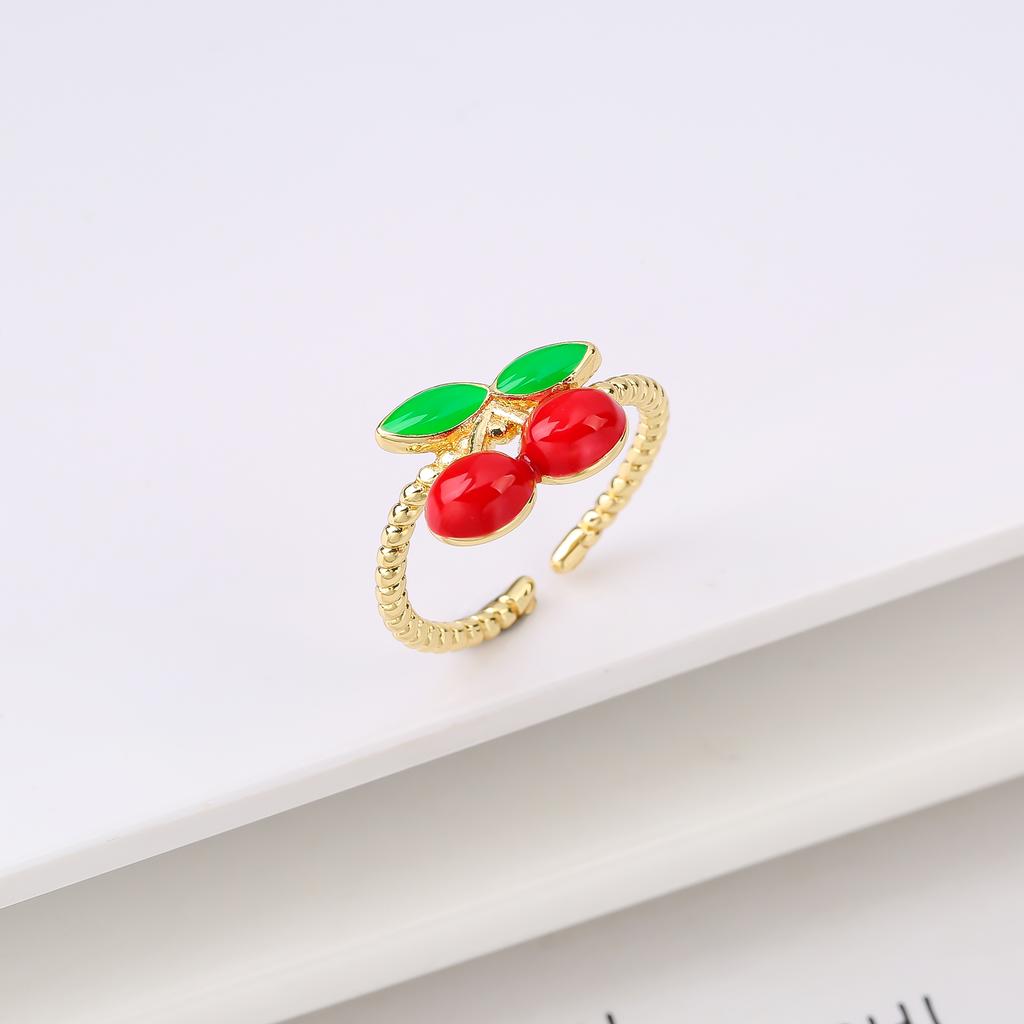 New Creative Copper Oil Drop Red Strawberry Zirconia Ring Charm For Woman Girl Vacation Casual Jewelry Accessories Adjustable