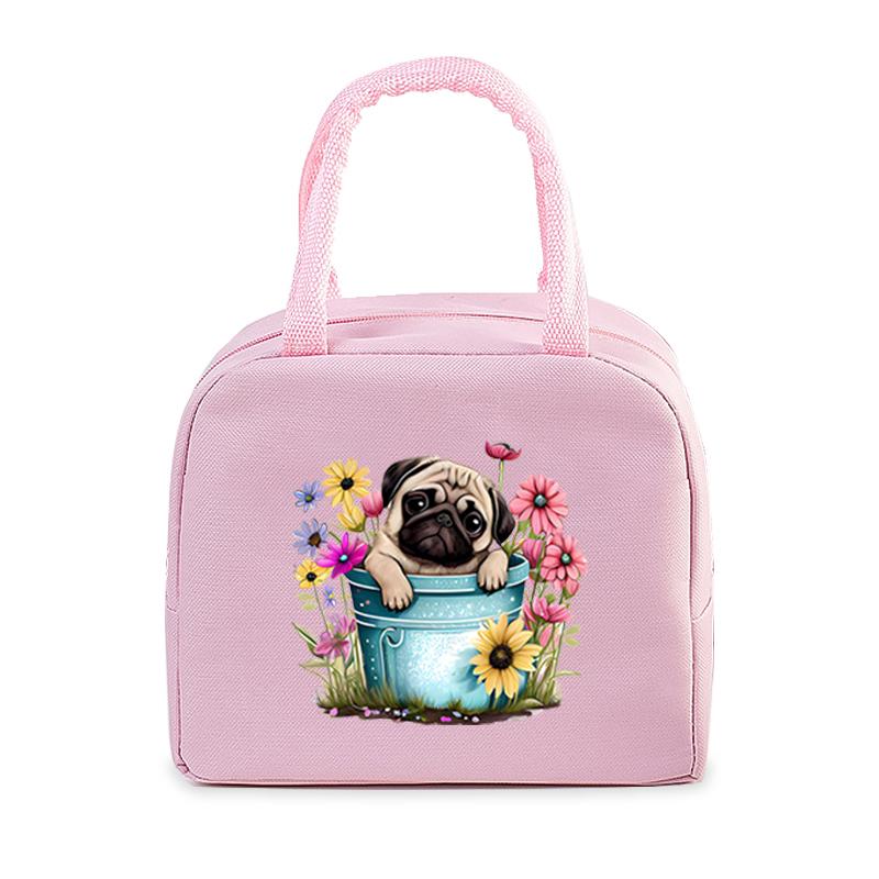 Bento Thermal Bag Pug Dog Cartoon Print Women Insulation Portable Pouch Food Picnic Fresh Cooler Lunch Bag for School Student