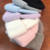 Angola Rabbit Fur Warm Solid Color Light Board Autumn and Winter Versatile Candy Color Vertical Stripe Knitted Hat Women