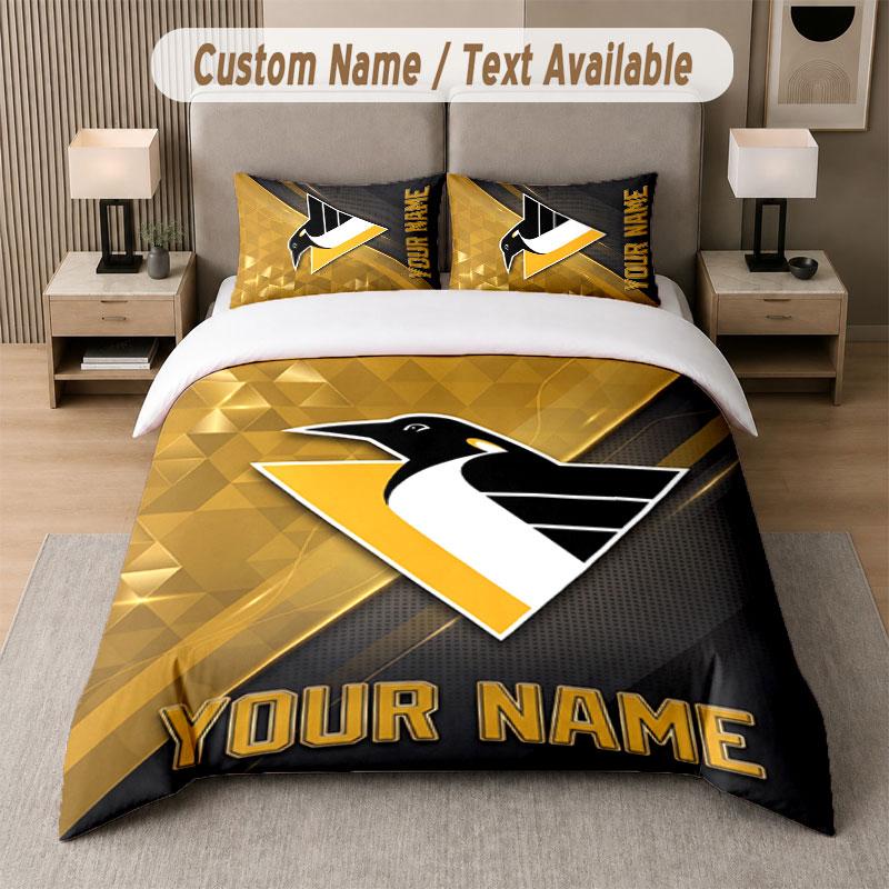 Custom Bedding Set Pittsburgh Penguins Pattern, Print Name Text 1 Duvet Cover plus 2 Pillowcases Home Textile