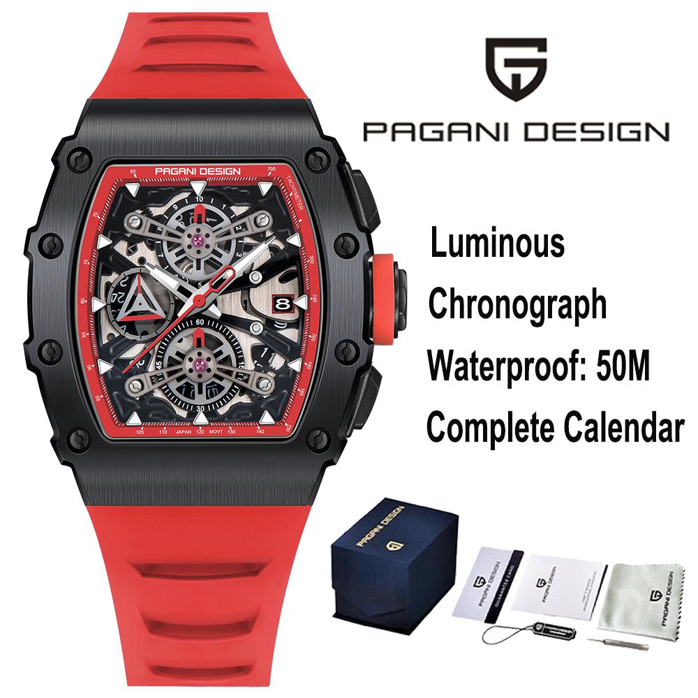PAGANI DESING Men's Quartz Watches Skeleton Dial 100M Waterproof Sport Rectangle Sapphire glass Watch for Men