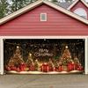 1pc Christmas Garage Door Banner - Polyester holiday background with Christmas tree and gift box design, for indoor/outdoor use