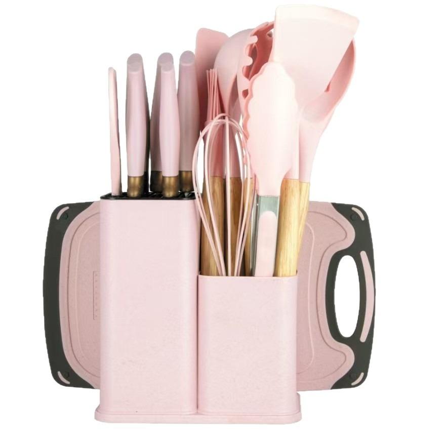 Набор кухонной утвари из 19 предметов, силикон: Ножи, Инструменты, Лопатка, Половник, Скребок, Разделочная доска с хранением