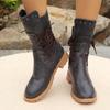 Large Size Boots Women's Autumn and Winter New Locomotive Boots Wind Lace-up Retro Wind Rivet Knight Boots Women