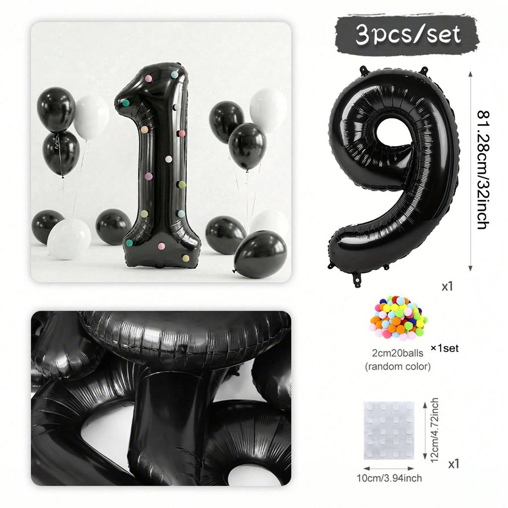 32 inch black digital balloon set 0-9 with colored felt ball decoration for decorating birthday parties and anniversaries