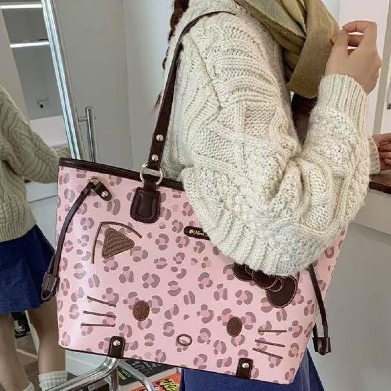 Hello Kitty Shoulder Bag Cute Retro Leopard Print Design Large Capacity Tote Bag for Women
