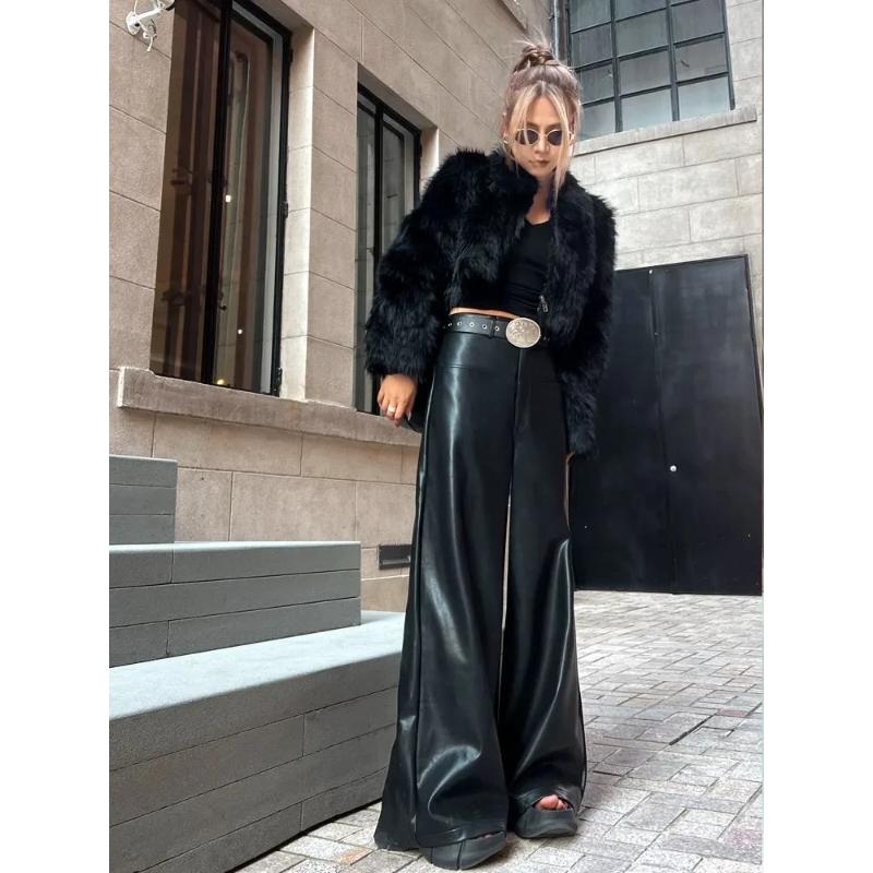 Черные брюки из искусственной кожи с высокой талией, широкие, свободного кроя, повседневные, женская мода, стильные повседневные брюки