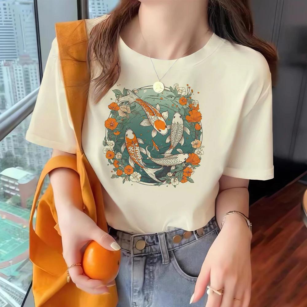 Women's Fashion T-shirt Summer Loose Short Sleeved Fish Pattern Clothing Round Neck Casual Top Trendy Printed Women's T-shirt