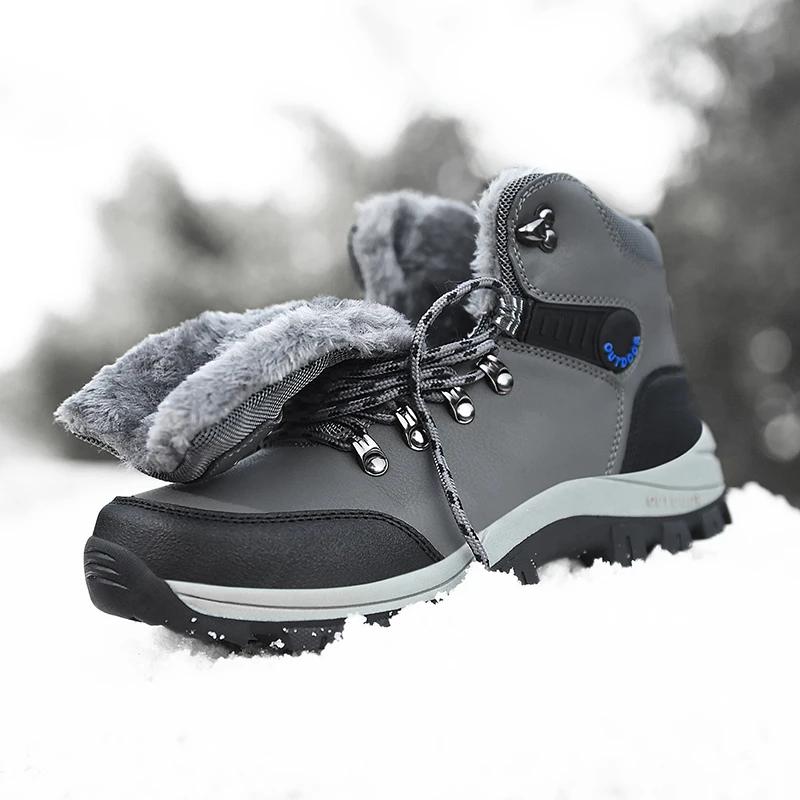 Fashion 2024 Winter Men Hiking Boots Waterproof Ankle Snow Boots Men Sneakers Outdoor Non-slip High Top Plush Warm Leather Shoes