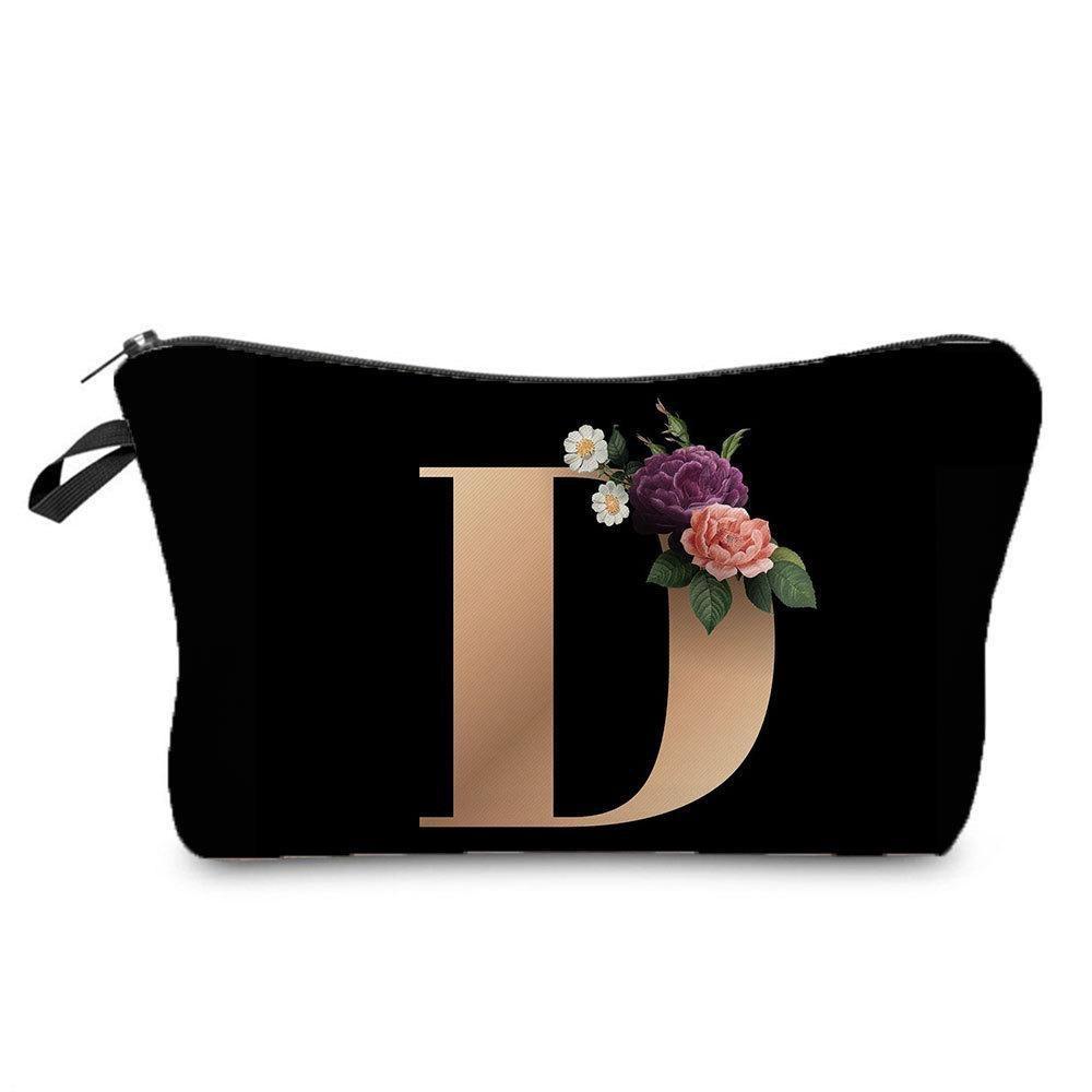 26 Initials Flower Cosmetic Bag A-Z Letter Makeup Bags Women Travel Bridesmaid Gift Ladies Portable Cosmetic Case Beauty Bag