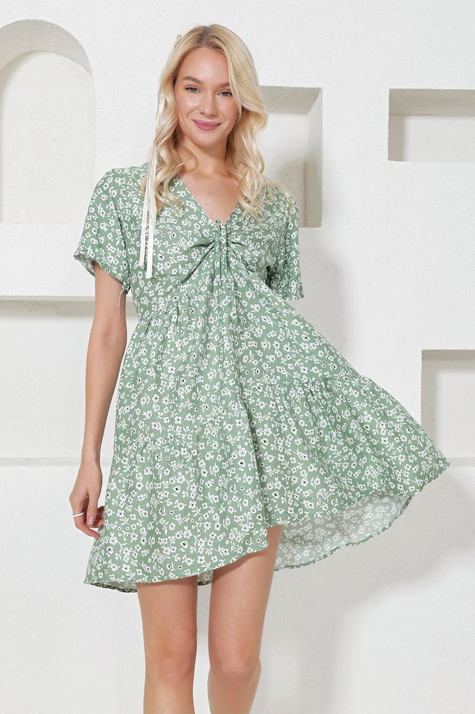 Женское платье, новый сезон, модная синяя юбка с v-образным вырезом и цветочным узором, тканое платье с воланами