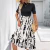 Women's Fashion Casual Belt Short Sleeve Round Neck Floral Elegant Temperament Dress