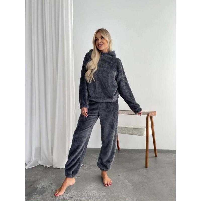 Womens Fuzzy Bunny Ear Hooded Winter Loungewear Set Warm 2 Piece Pajamas