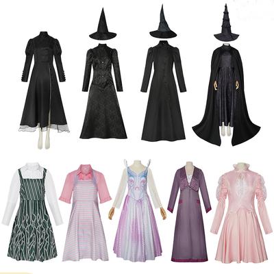 Кино Девушки Злая Глинда Эльфаба Косплей Костюм Хэллоуин Вечеринка Ролевые Игры Розовое Платье Черное Платье Мантия Шляпа Женщины Взрослый