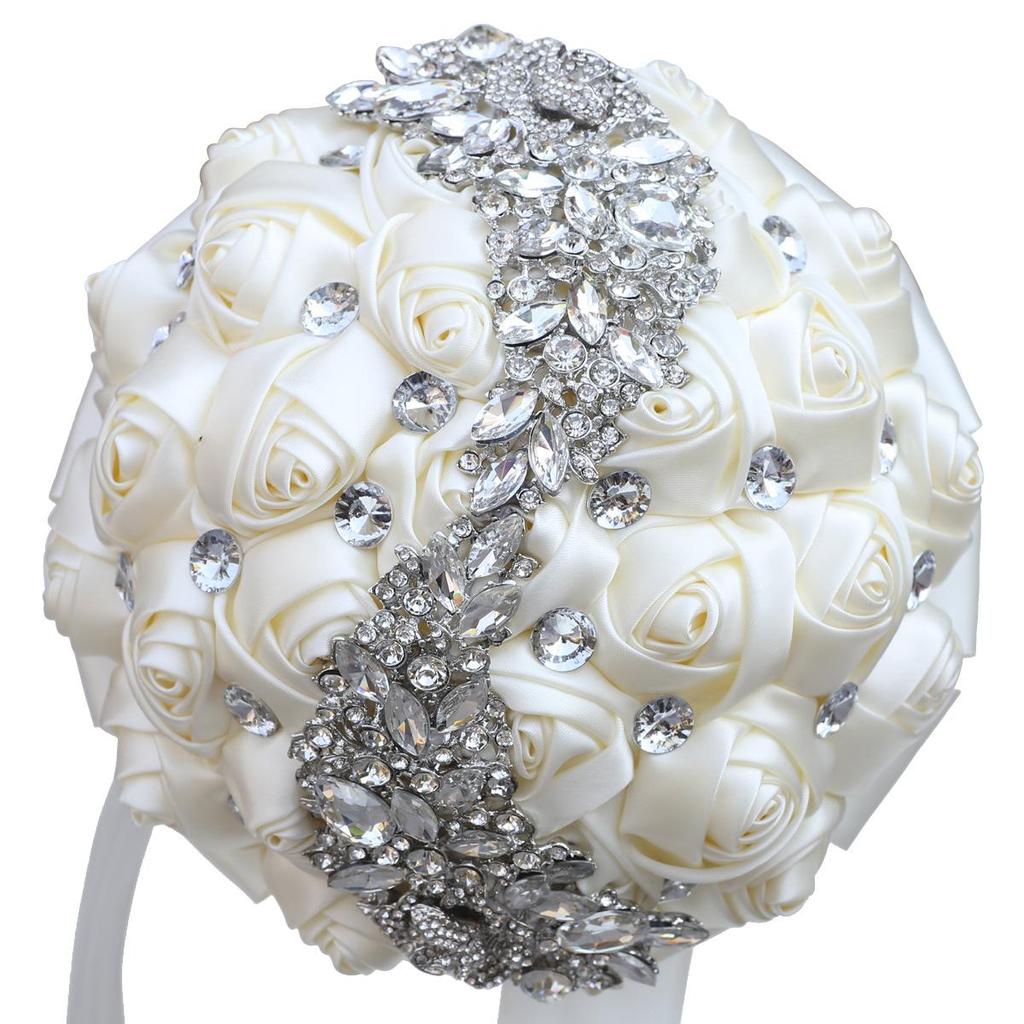 Handmade Wedding Bride Bridesmaid Bridal Bouquet Rose Holding Toss Artificial Flowers Bouquets with Satin Ribbon Rhinestone