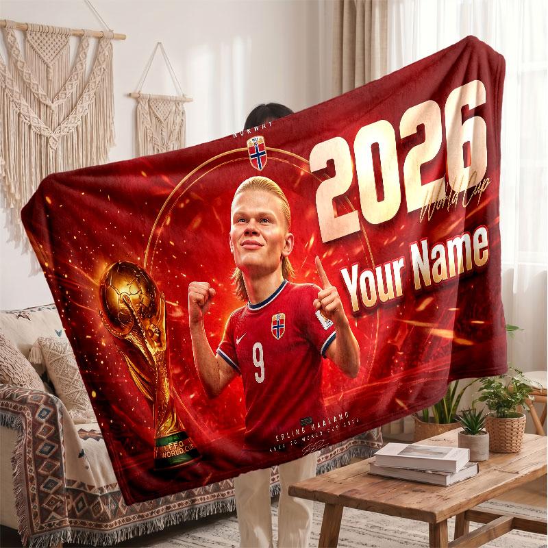 Erling Haaland Personalized Fleece Blanket With Football Logo, Custom Name Text Soft Warm Home Throw Blanket