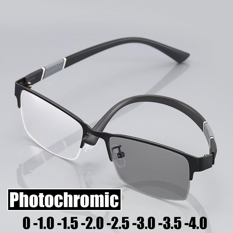 Smart Photochromic Near Sight Sun Glasses For Business Women Men Retro Metal Half Frame Myopia Eyewear Anti-Uv Minus Goggles