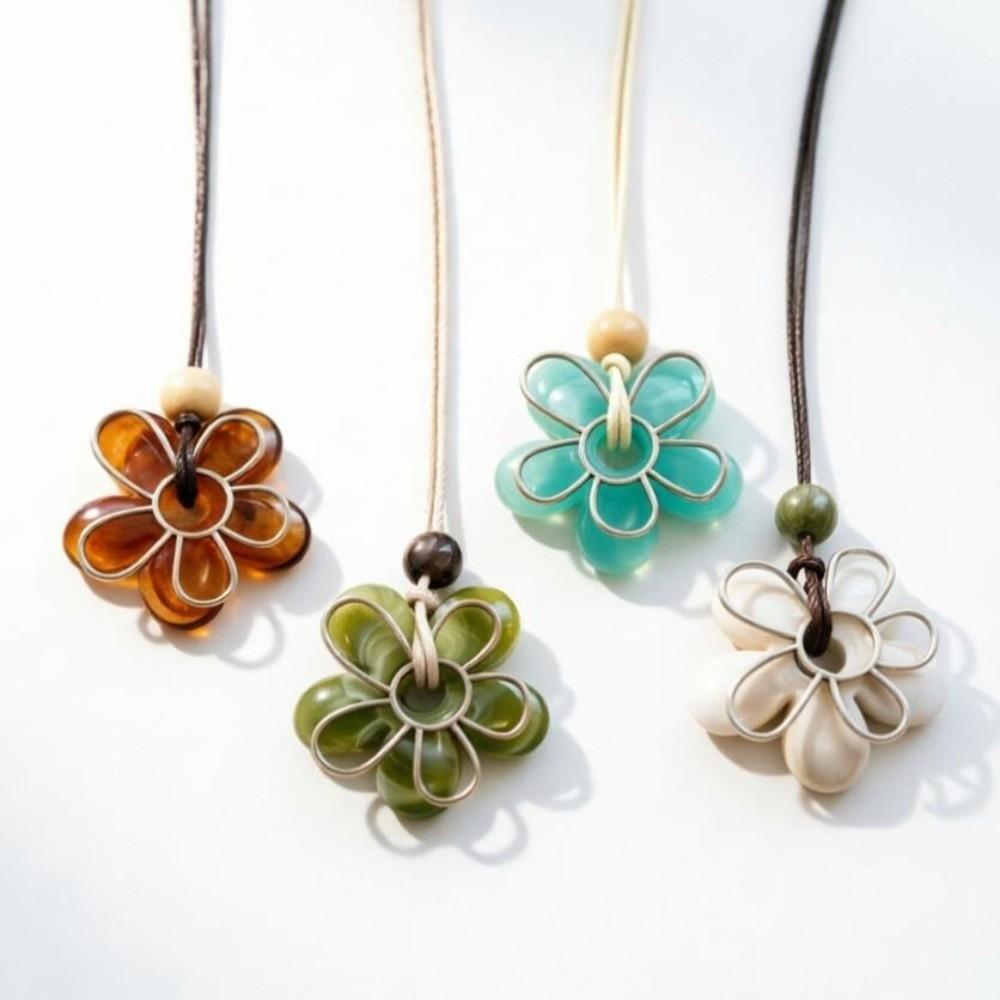 Colorful Resin Flower Necklace Bohemian Rope Chain Necklace New Long Pendant Sweater Chain Travel