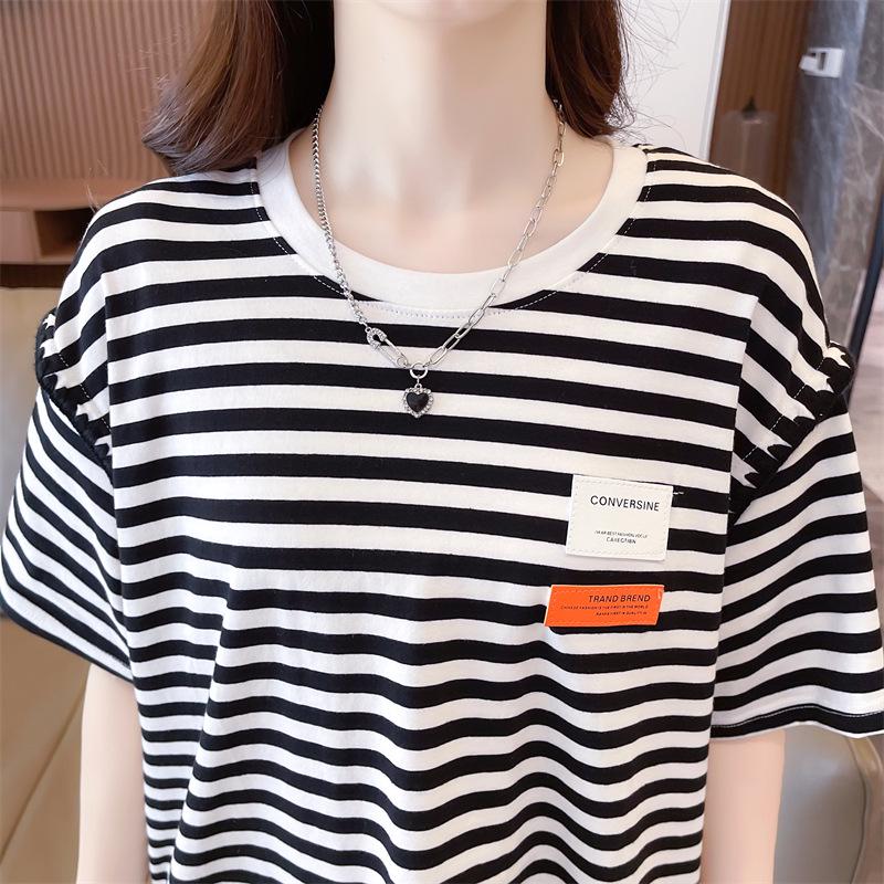 Женская полосатая хлопковая контрастная футболка в корейском стиле, свободный крой, размер плюс, лето 2025 г., модный круглый вырез
