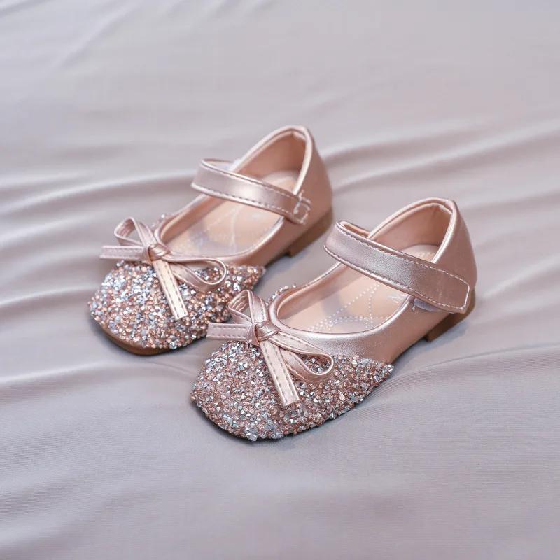 Роскошные туфли для девочки Стразы Шикарные Детские кожаные туфли Весна Осень Бантик Детская мода Принцесса Повседневные Вечерние Балетки