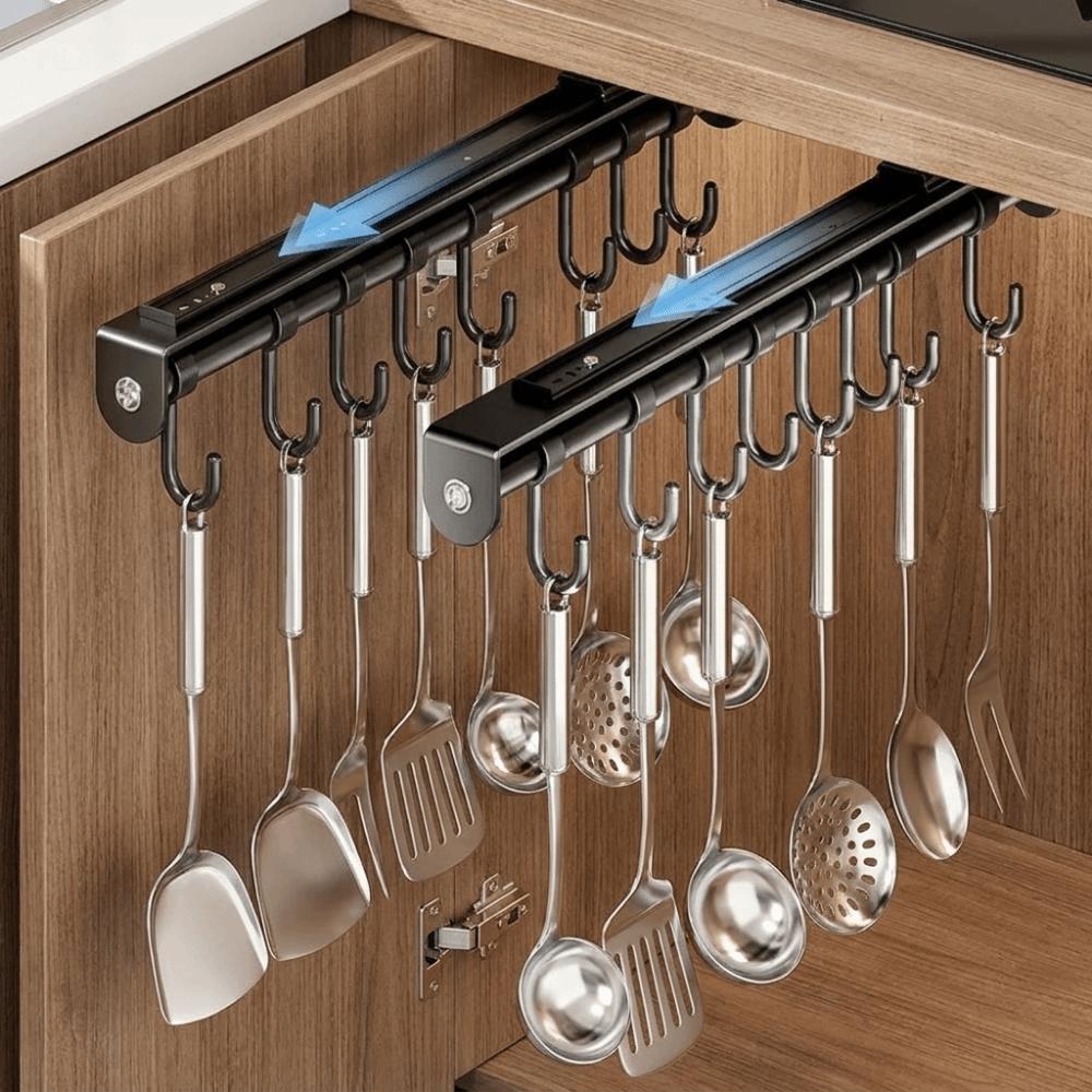Multi Hooks Under Cabinet Utensil Rack Carbon Steels Retractable Utensil Holder Spatula Spoon