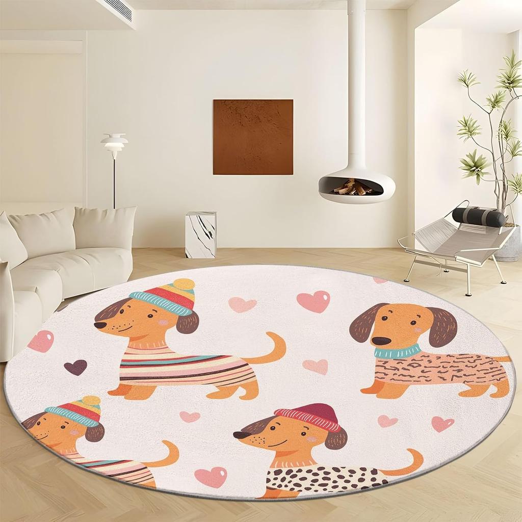 Cartoon Animal Print Dog Print Round Area Rug Cartoon Heart Shape Washable Circular Carpet -Non Slip Circle Rug Carpet Mat for