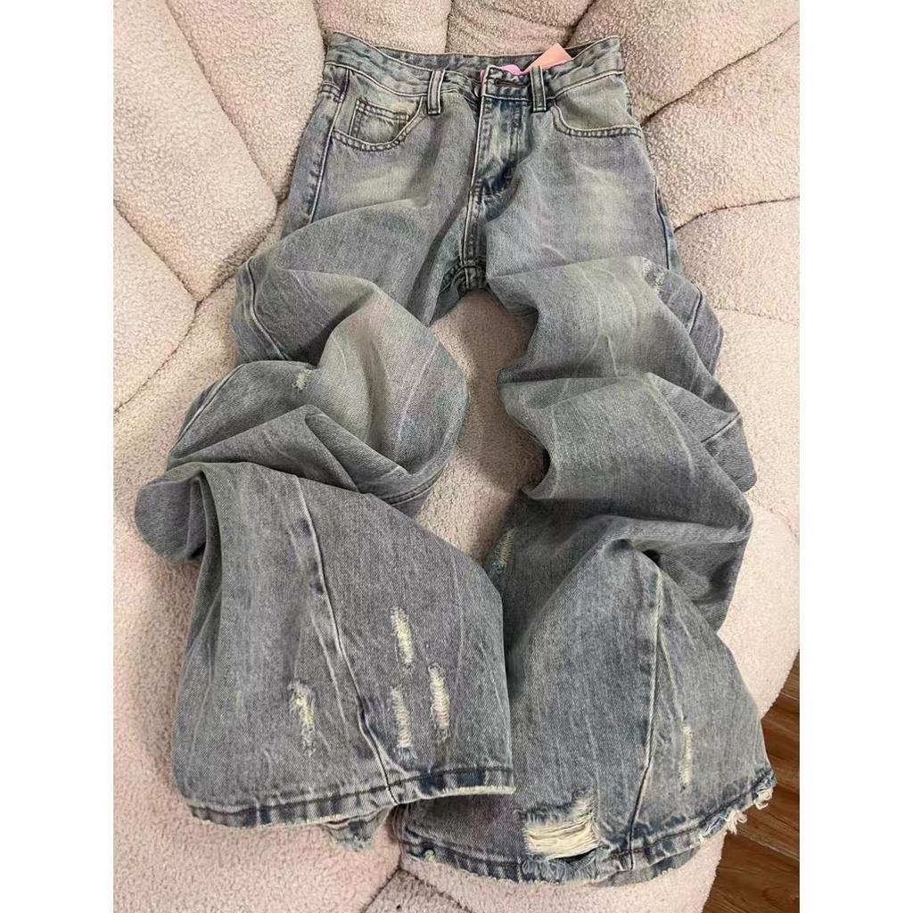 Vintage Loose All Match Wide Leg Pants Female Fashion Hole Casual Denim Trousers Women Streetwear Women Jeans 2025