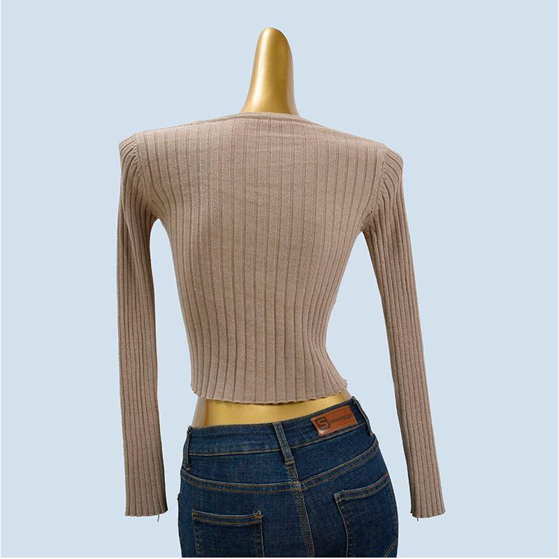 Sweet Solid Color Knitwear Female Spring Autumn Short Silm Slim Looking Square Collar Long Sleeve All-Matching Base Cardigan Top