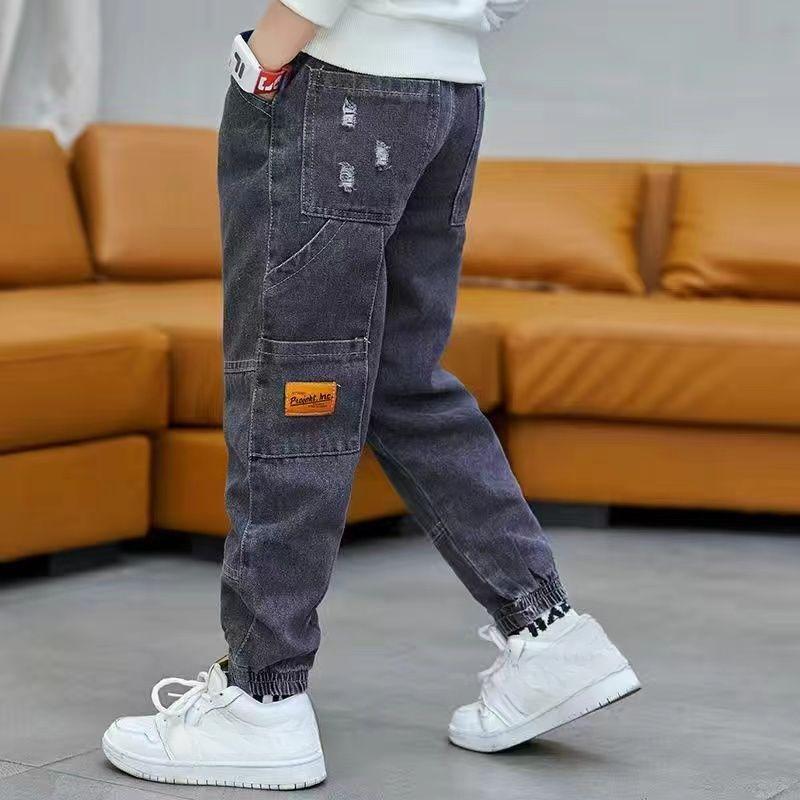 Spring and Autumn Boys' Denim Trousers, Big Children's Leggings, Plus Velvet Children's Casual Pants
