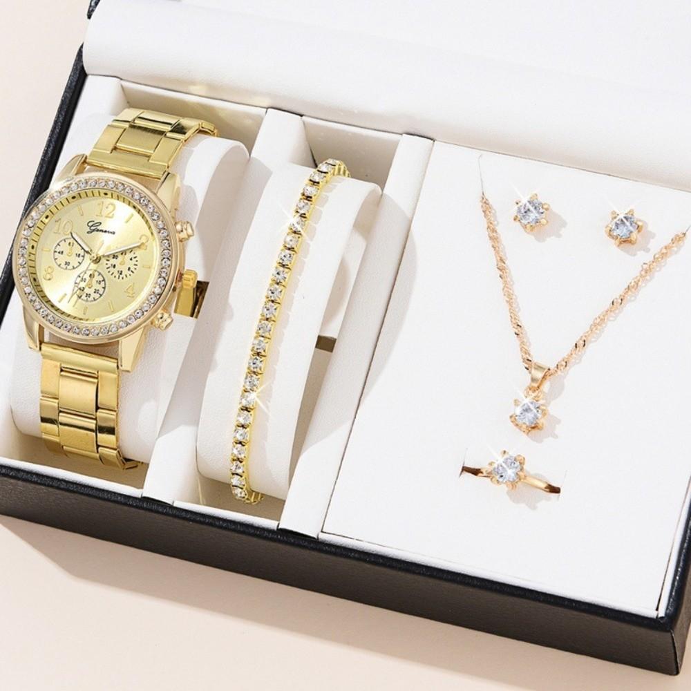 6pcs Bracelet Rhinestone Watch Jewelry Gift Set Roman Dial Ladies Quartz Watch Wedding