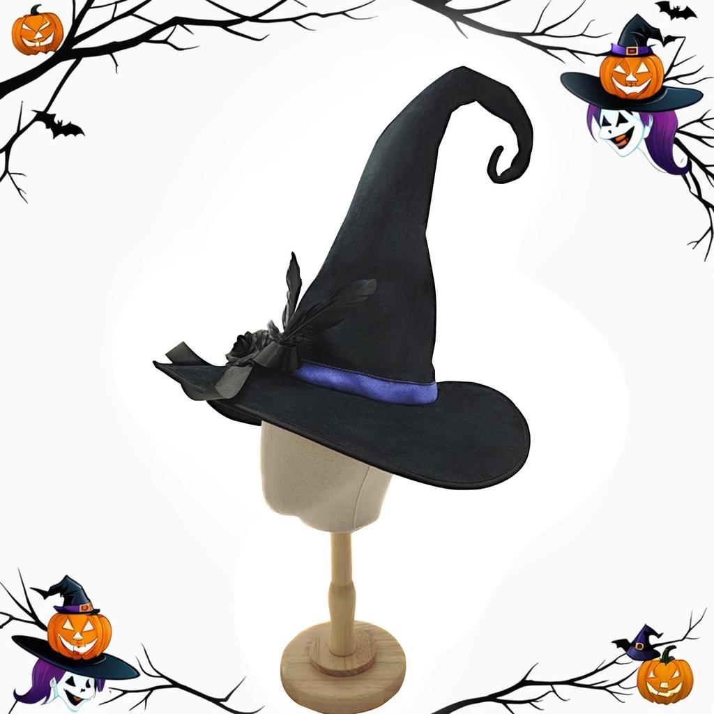 Halloween Witch Hat With Wide Black Flower Feather Velvet Halloween Costume Accessories For Women