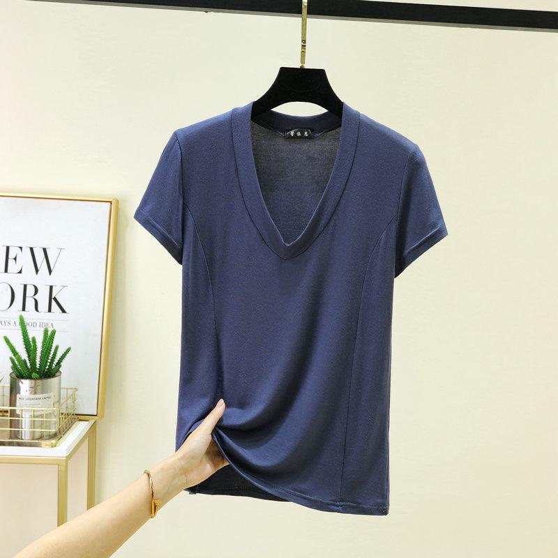 Большие размеры от L до 6XL Модальная футболка с V-образным вырезом Короткие рукава Женские Ультратонкий слой Верхний слой Однотонные базовые топы