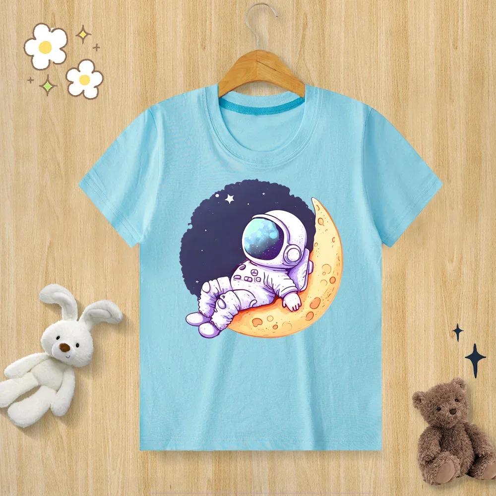 Children's astronaut printed T-shirt, O-neck short sleeved children's clothing, unisex sizes available