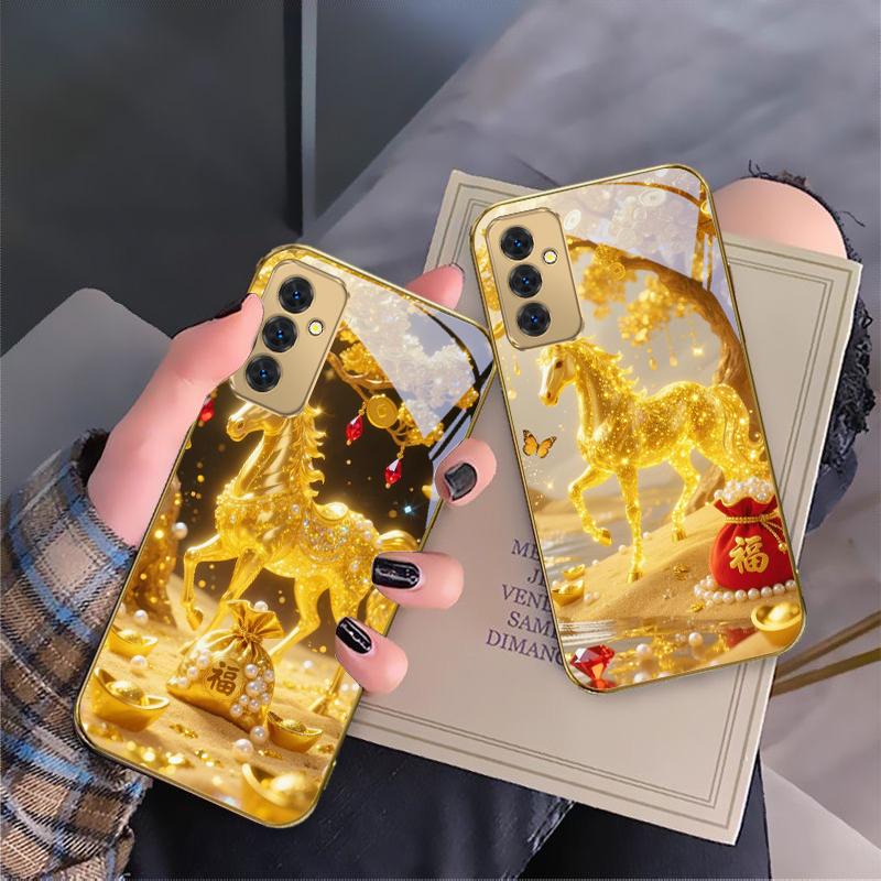 Золотая счастливая лошадь Для Samsung Galaxy S 21 S22 S23 Plus S24 Ultra S20 FE 25Ultra S21+ S9+ 22Plus Золотой стеклянный чехол для телефона