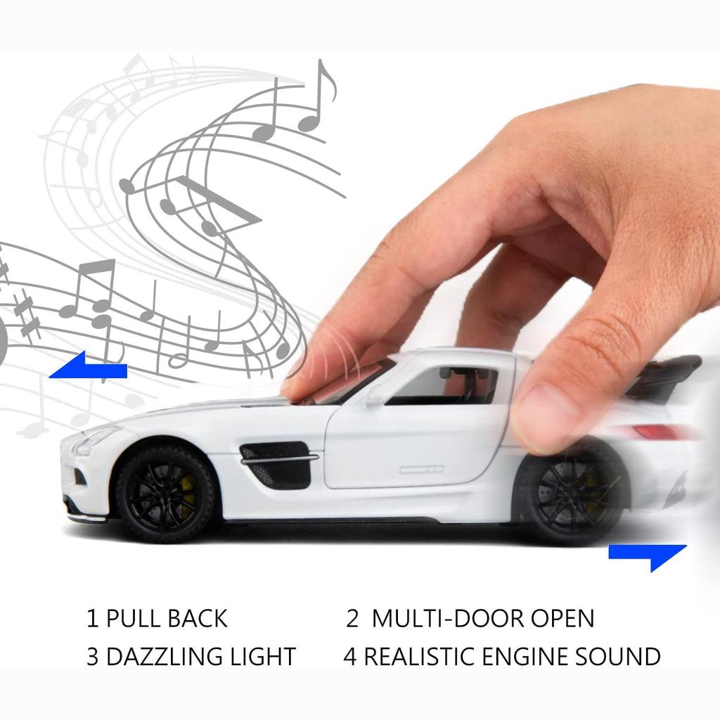 1:32-масштабная модель автомобиля Benz SLS AMG, литая под давлением цинкового сплава, игрушечная машинка с откидной спинкой, звуком и светом для детей, мальчиков и девочек